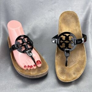 Tory Burch Miller Cloud Patent Sandals Women's 8.5 Black Cork Thong School Shoes